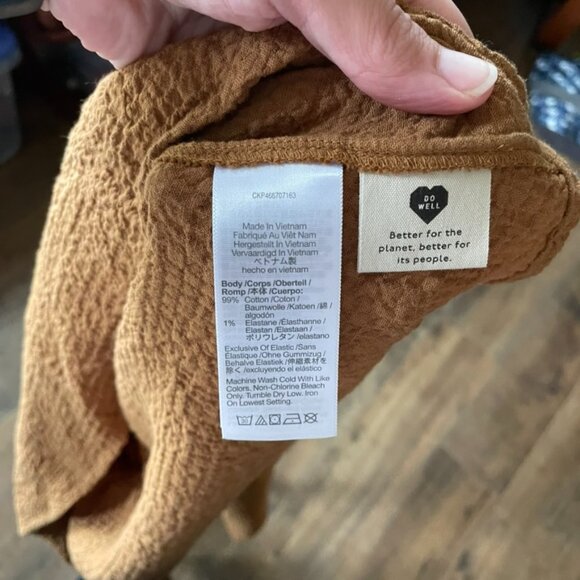 Madewell Brown Crinkled Peplum Blouse XS Long Sleeve Textured Tie-Back Top - Picture 9 of 9